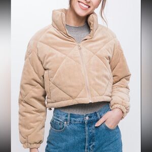 Khaki corduroy puff crop warm jacket NWT